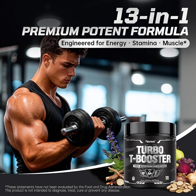 Turbo Testosterone Booster for Men, 13-in-1 Testosterone Supplement for Energy, Stamina & Muscle Complex with Tongkat Ali, KSM-66 Ashwagandha, Maca, Male Enhancing Supplement 120 Capsules