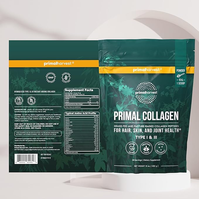 Primal Harvest Collagen Powder for Women or Men Primal Collagen Peptides Powder Type I & III, 10 Oz Collagen Protein Powder for Hair, Skin, Nails (Single, Original)