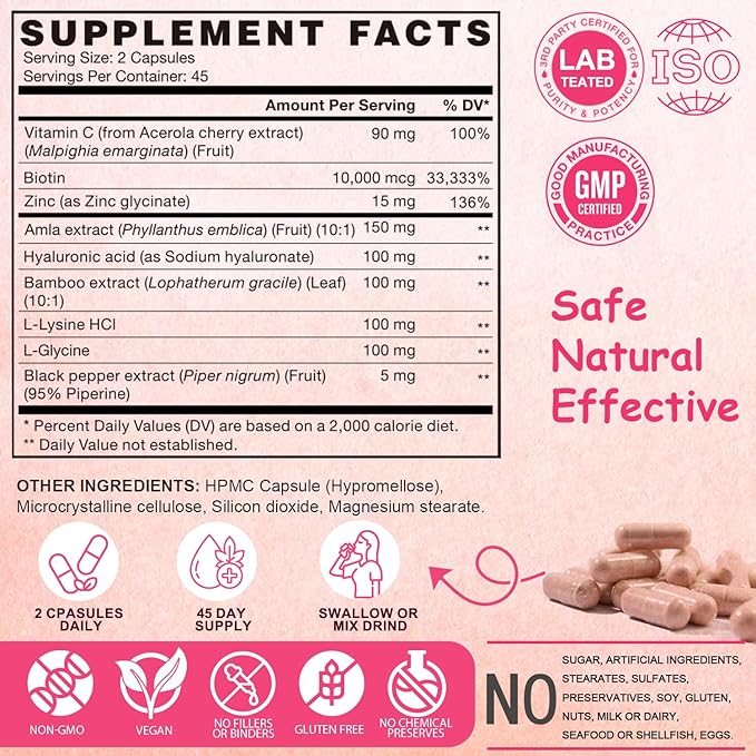 Vegan Collagen Booster with Biotin 10,000 mcg, Hyaluronic Acid, Bamboo Silica, Vitamin C & Zinc, Plant Based Hair Skin & Nails Support for Women & Men, 90 Vegan Capsules
