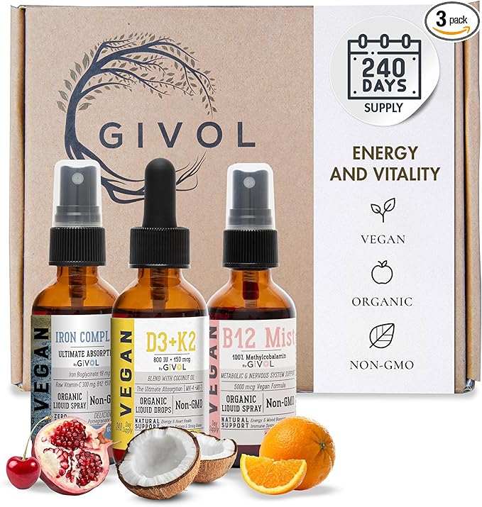 Energy & Vitality Bundle Liquid Vitamin Spray Trio - B12 Methylcobalamin, Iron Bisglycinate, and D3 (Lichen) & K2 (MK4 & MK7), Non-GMO, Gluten Free, Sugar-Free, 2 Fl Oz (60 ml) 540 Days Supply
