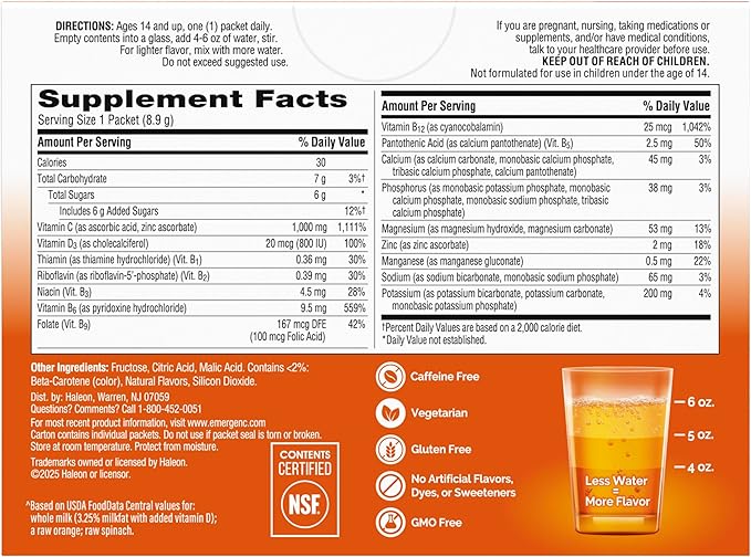 Emergen-C 1000mg Vitamin C Powder for Daily Immune Support Caffeine Free Vitamin C Supplements with Zinc and Manganese, B Vitamins and Electrolytes, Super Orange Flavor - 60 Count/2 Month Supply