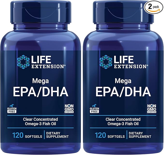 Life Extension Mega EPA/DHA, Omega-3 Fatty acids, Heart & Brain Health, Non-GMO, Gluten-Free, 120 softgels (Pack of 2)