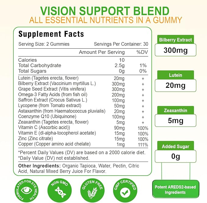 Lutein 20 mg with Zeaxanthin Gummies, Lutein and Zeaxanthin Supplements with Eye Vitamins C, E, Bilberry for Eye Health - 60Cts