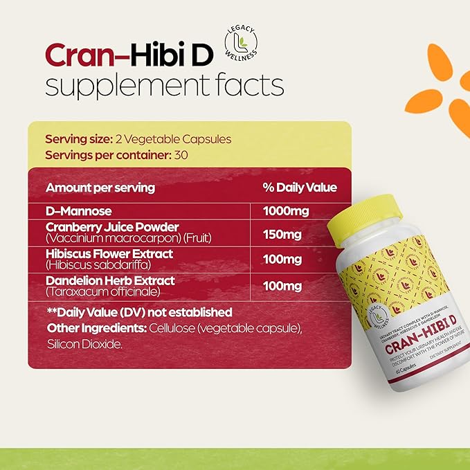 Legacy Wellness Cran-Hibi-D: D Mannose with Cranberry, Hibiscus & Dandelion Capsules - Urinary Tract Health - Natural Cleanse, Bladder Support, Detox Flush, Herbal UT Supplement Pills for Men & Women