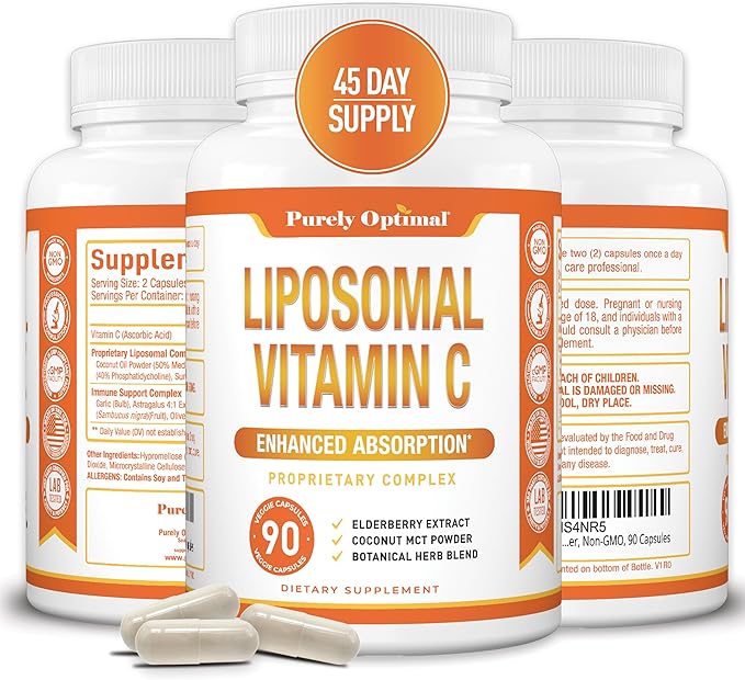 Purely Optimal Premium Liposomal Vitamin C Supplement - High Absorption, Fat Soluble Ascorbic Acid Vitamin C 1000mg for Immune Support - Collagen & Immune System Booster, Non-GMO, 90 Capsules
