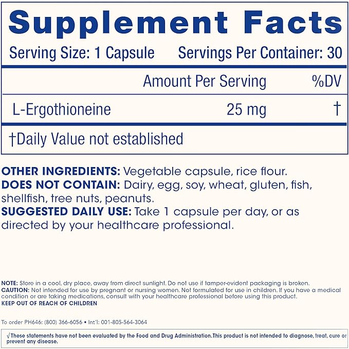 ProHealth Ergothioneine 5X Strength. 25mg Clinical Research Dose. Natural Amino Acid Mushroom Supplement for Improved Cognition, Heart Health. Longevity Vitamin. 25 mg/Serving, 30 Servings (3 Pack)