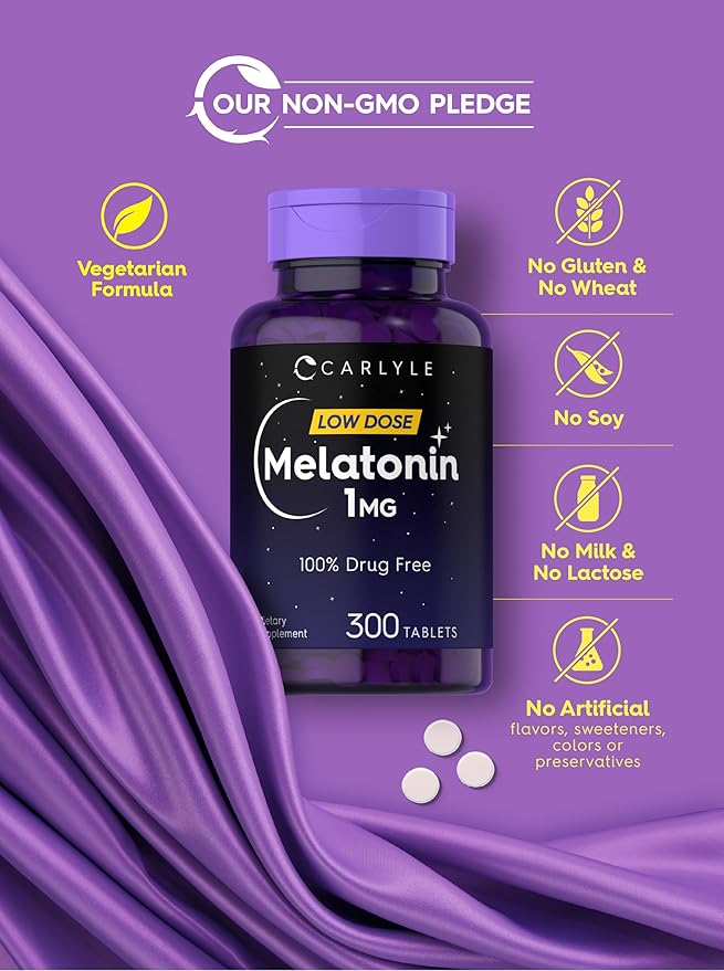 Carlyle Melatonin 1 mg | 300 Low Dose Tablets | Drug Free Aid | Vegetarian, Non-GMO, Gluten Free