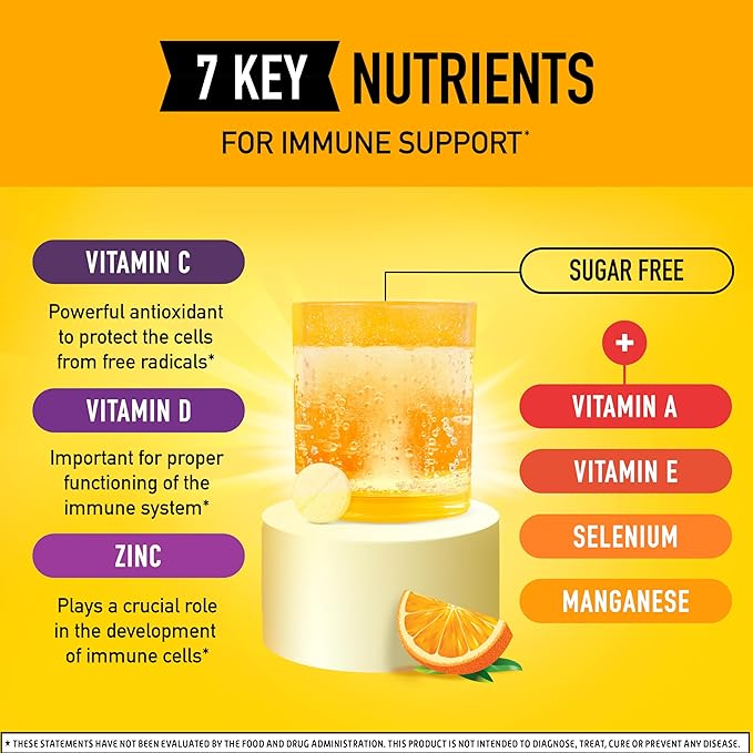 Airborne Immune Support Effervescent Tablets, Zesty Orange Flavor - 10ct with 1000mg Vitamin C + Vitamins A, D, E, Zinc, Selenium, Manganese & Herbal Blend - Sugar‑Free, Gluten‑Free