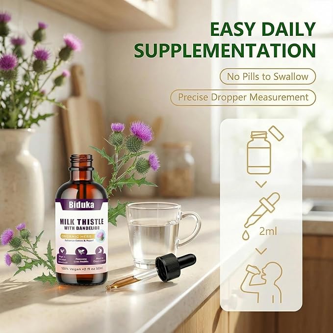 Organic Milk Thistle Liquid Drops with Dandelion Liquid, 80% Silymarin, 98% High Absorption, Liver Support, Vegan Gluten-Free GMO-Free, Extra Strength, 2 fl oz