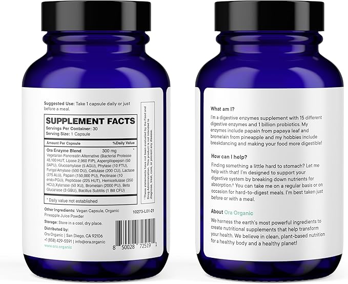 Ora Organic Multi-Enzyme Supplement - Vegan, Gluten Free Enzymes for Digestion with Probiotics for Gut Health, Bloating, Constipation and Gas Relief - 30 Easy to Swallow Capsules