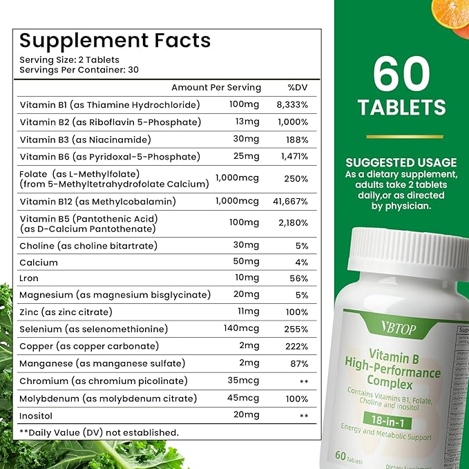 2 Bottles Vitamin B Complex with Vitamins B1, B2, B3, B5, B6, B12, Folic Acid, Choline, Zinc, Calcium, Inositol for Brain and Heart Support, Immunity, and Cellular Energy, 120 Tablets