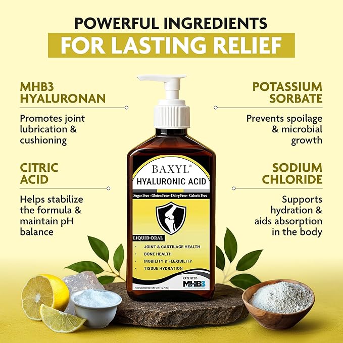 BAXYL Liquid Hyaluronic Acid Supplement for Joint Health, 3 Bottles of 6 Oz - Patented MHB3 Formula for Bone, Skin, Eye Health & to Restore Cartilage - Vegan, Gluten-Free, Non-GMO for Comfort