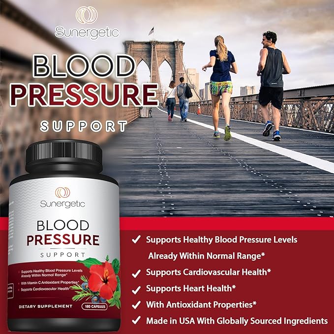 Sunergetic Premium Blood Pressure Support Supplement for Cardiovascular & Heart Health with Garlic, Hawthorn & Hibiscus (180 Capsules)