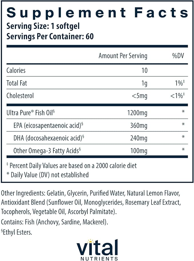 Vital Nutrients Ultra Pure Fish Oil 700 - Supports Heart, Brain, and Joint Health* - Sustainably Sourced High EPA & DHA Omega-3 Fatty Acid - Lemon Flavor - Gluten, Dairy & Soy Free - 60 Softgels