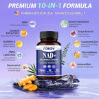 Rasav NAD Supplement 10-in-1 Extra Strength – NAD Resveratrol with CoQ10, Urolithin A, Green Tea Extract & ALA – NMN Supplement Alternative for Women & Men