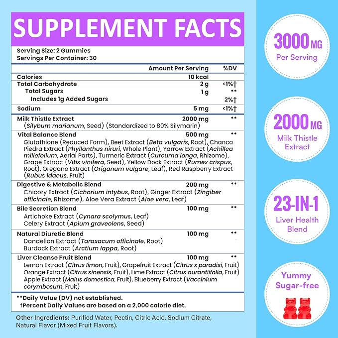 3000mg Liver Detox Repair & Cleanse Gummies | Milk Thistle 2000mg with Turmeric Dandelion Root & Artichoke for Liver Detox, Liver Support & Renew, Antioxidant, Gut, Skin - Fruit Flavor, 120 Gummies