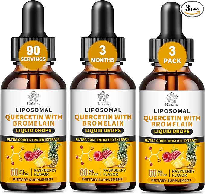 3 Pack Liposomal Quercetin with Bromelain Liquid Drops for Kis & Aldult- Higher Absorption, Quercetin Supplements 700mg w. Bromelain Elderberry Zinc Vitamin C for Immune, Heart, Antioxidant Support