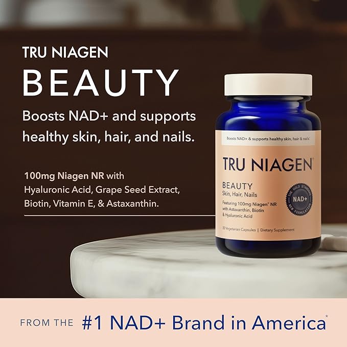 TRU NIAGEN BEAUTY NAD+ for Hair, Skin & Nails | Contains Niagen®, Astaxanthin, Hyaluronic Acid, Biotin | Supports Skin Elasticity & Moisture Retention | Daily Supplements for Men & Women | 30 Servings