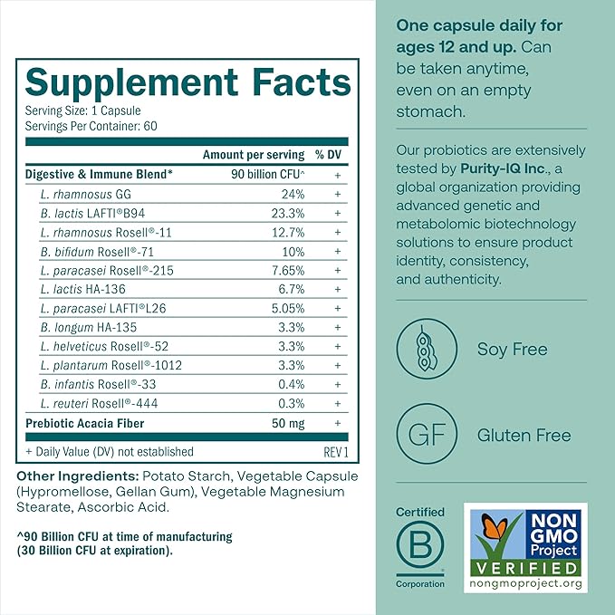 True Grace One Daily Probiotic - 60 Vegetarian Capsules - 90 Billion CFU - Gut, Digestive & Immune Health Support Blend with Prebiotic Fiber - Gluten & Soy Free - 60 Servings