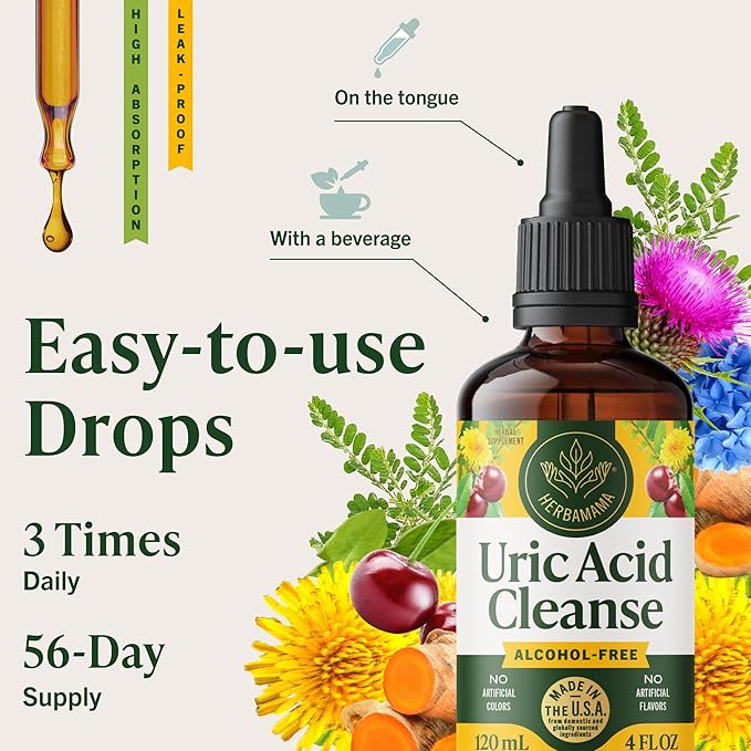 HERBAMAMA Uric Acid Cleanse Liquid Drops - Vegan Uric Acid Flush with Tart Cherry, Chanca Piedra & Dandelion Root Tincture - Non-GMO, Alcohol & Sugar-Free Supplement, 56-Day Supply