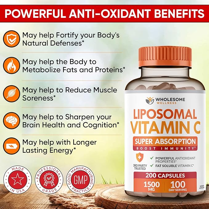 Wholesome Wellness Liposomal Vitamin C Capsules (200 Pills 1500mg Buffered) + Super-Absorb Multi Collagen Pills (Type I II III V X) Organic Herbs and Bioperine Bundle