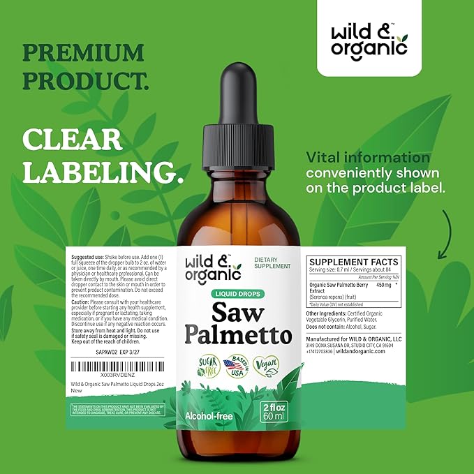 Wild & Organic Saw Palmetto for Men & Women - Urinary & Hair Support - Liquid Saw Palmetto Extract - Add to Tea Drops - Serenoa Repens Supplement - Vegan, Sugar & Alcohol-Free Tincture - 2 fl oz