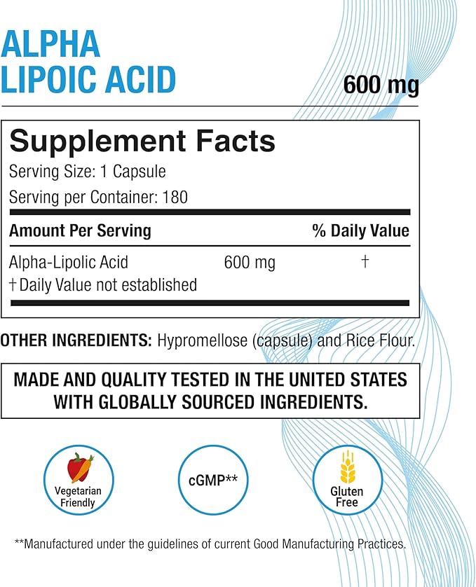 Puregen Labs Alpha Lipoic Acid 600mg [High Potency] 180 Servings - Antioxidant Support | No Harmful Additives | Non-GMO, NO Gluten and Dairy, 600 mg per Veggie Capsule