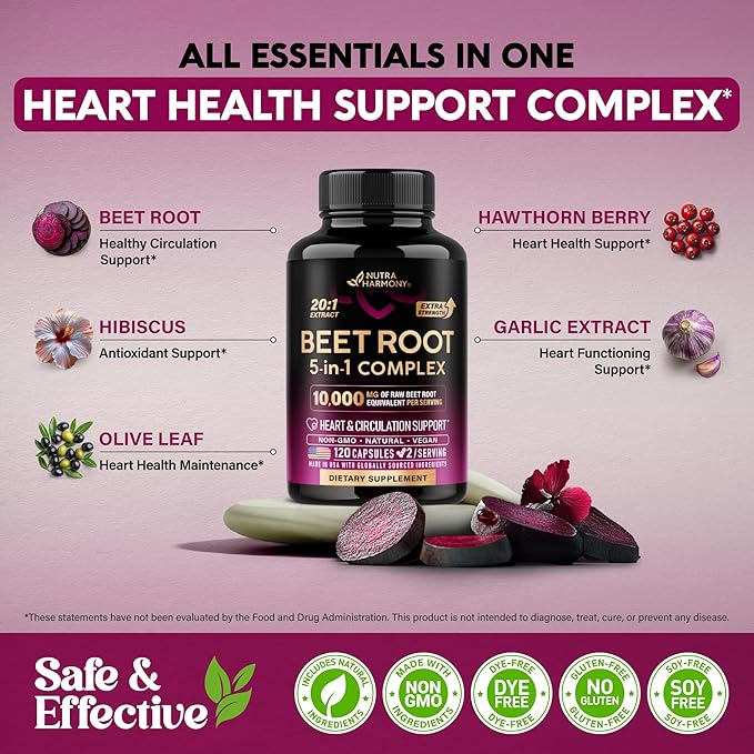 Beet Root 5-in-1 Complex Capsules - Healthy Blood Pressure Support Supplement** for Heart & Circulation Support - Olive Leaf, Hawthorn Berry & Hibiscus - for Men & Women - Made in USA, 120 Capsules