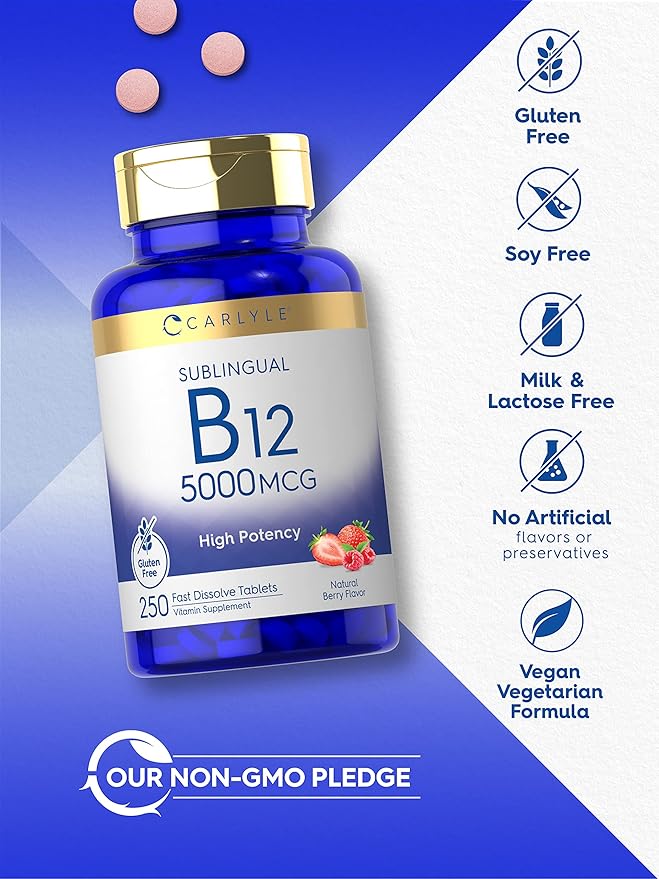 Carlyle B12 Vitamin 5000 mcg Sublingual | 250 Fast Dissolve Tablets | High Potency | Natural Berry Flavor | Vegetarian, Non-GMO & Gluten Free