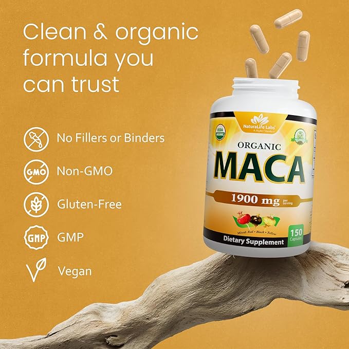 NaturaLife Labs Organic Maca Root – Black, Red & Yellow – 1900 mg per Serving – 150 Capsules – Gelatinized Peruvian Maca – Non-GMO, Gluten-Free, Vegan (2 Pack)