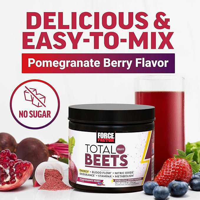 Force Factor Total Beets Energy Drink Mix, Superfood Beet Root Powder with Nitrates to Boost Energy and Support Circulation, Blood Flow, Nitric Oxide and Stamina, Heart Health Supplement, 30 Servings