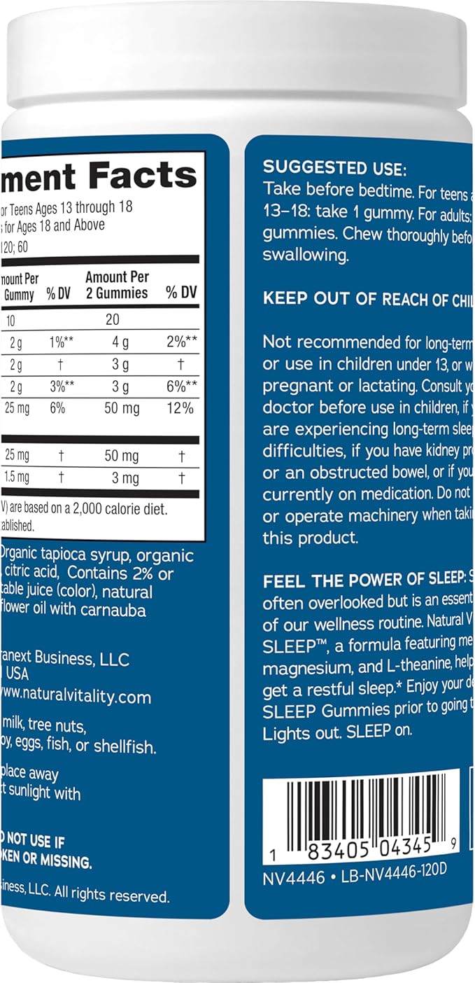 Natural Vitality Sleep Gummies, Magnesium Supplement with Melatonin and L-Theanine, Vegan, Gluten Free, Helps the Body Ease Into Sleep, Blueberry Pomegranate, 120 Count (Pack of 2)