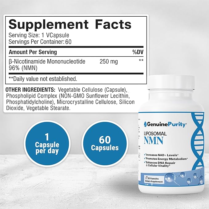 250mg Liposomal NMN Supplement - 60 Vegan Capsules to Support NAD+ Production, Cellular Energy & Healthy Aging - Nicotinamide Mononucleotide for Metabolic Wellness & Immune Support