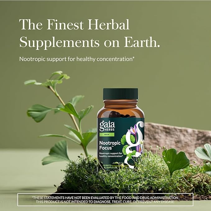 Gaia Herbs Nootropic Focus - Brain & Cognitive Support Supplement to Help Maintain Healthy Concentration* - with Saffron, Lemon Balm & Spearmint - 40 Liquid Phyto-Capsules (20 Servings)