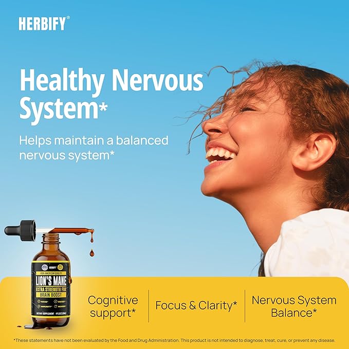 HERBIFY Lions Mane Supplement - Daily Mushroom Supplement for Memory, Focus & Clarity - Brain Booster - Lions Mane Tincture for Immune Support - 4 Fl oz