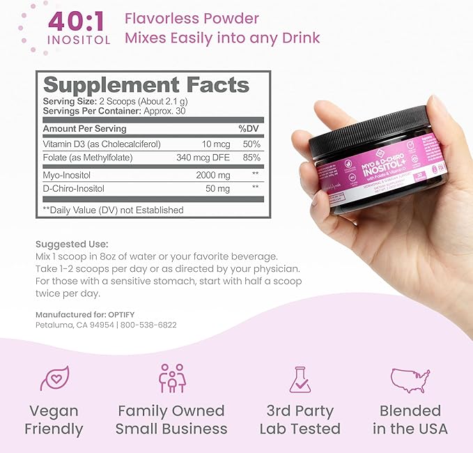 Premium Inositol Supplement - Myo-Inositol and D-Chiro Inositol Powder Plus Folate and Vitamin D - Ideal 40:1 Ratio - Hormone Balance & Healthy Ovarian Support for Women - Vitamin B8 - 30 Day Supply