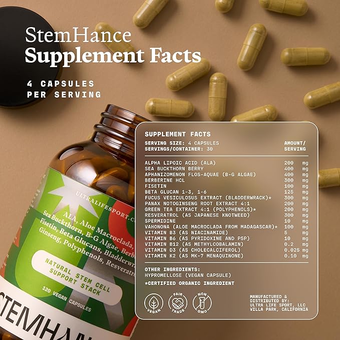 Ultra Life Sport StemHance – Cellular Renewal & Healthy Aging Supplement with Vahonona, Spermidine, Resveratrol, Sea Buckthorn, Green Tea, Vitamins D3, K2, B Complex – 120 Capsules