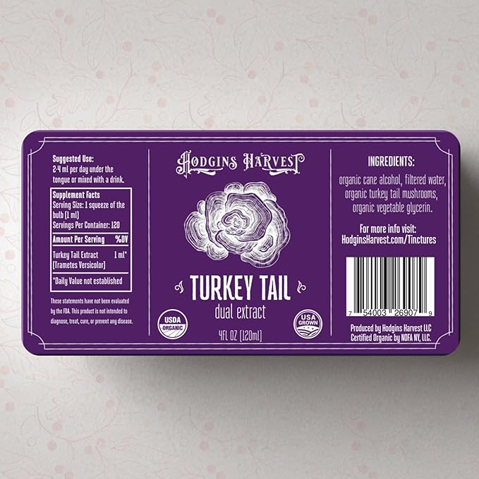 Hodgins Harvest Organic Turkey Tail Mushroom Tincture - Extra Concentrated Dual Extract Antioxidant-Rich Mushroom Drops Supplement for Overall Wellness - Made in USA - 4 fl oz