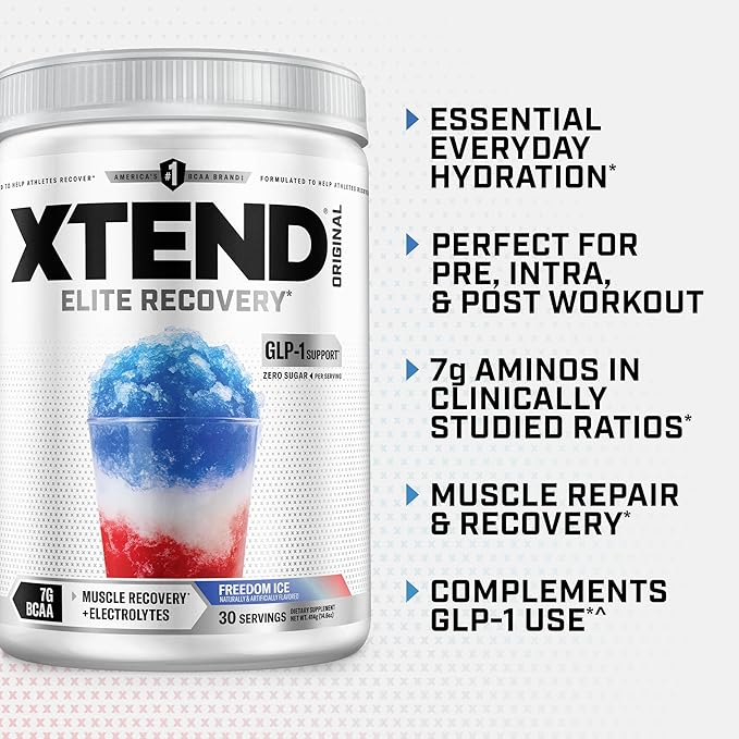 Xtend Original BCAA Powder, 7g BCAAs and 2.5g L-Glutamine for Muscle Recovery Hydration and Lean Muscle, Sugar Free Intra and Post Workout Drink with Electrolytes, Freedom Ice, 30 Servings