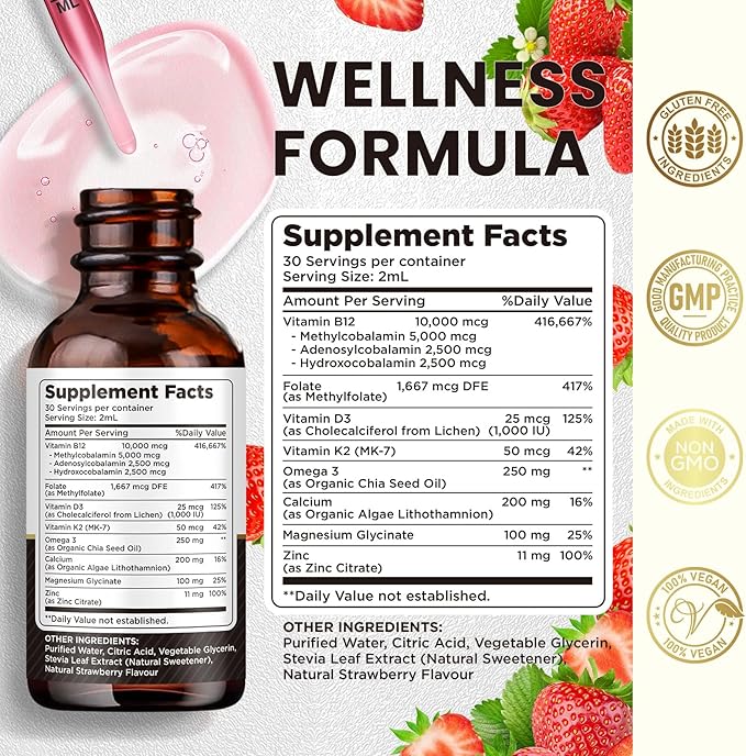 Vitamin B12 Liquid Drops Sublingual 10000 mcg, Triple B-12 Complex Supplement, Methyl & Methylcobalamin Blend for Women & Men, Mood & Energy Booster, Methylated B 12 for Metabolism & Health Support