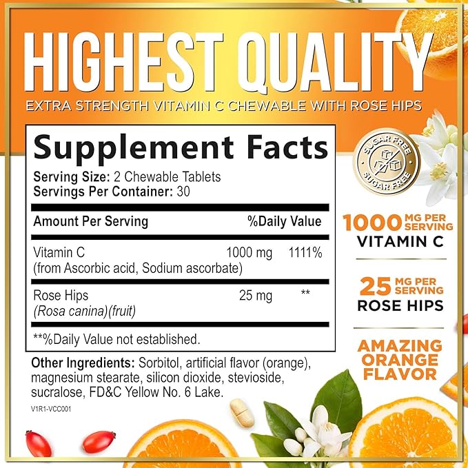 Vitamin C 1000mg Per Serving - Extra Strength with Rose Hips Bioflavonoids - Sugar Free Vitamin C Chewable Pills, Vit C Supplement for Immune Support & Antioxidant, USA Bottled - 60 Chewable Tablets