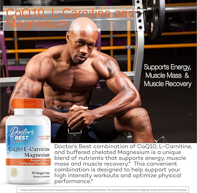 Doctor's Best CoQ10 L-Carnitine Magnesium Supplement - Energy & Exercise Support for Men & Women, Naturally Fermented Coenzyme Q10, Gluten Free, Soy Free, Vegan Formula - 90 Veg Caps