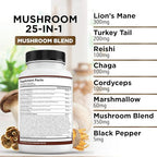 Lions Mane Mushroom Supplement with Turkey Tail Reishi Cordyceps Chaga with Marshmallow Root - 1-Pack