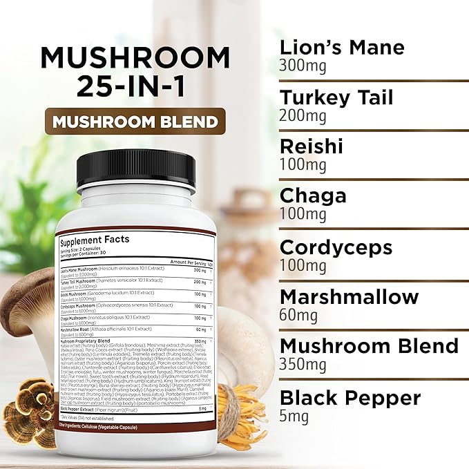 Lions Mane Mushroom Supplement with Turkey Tail Reishi Cordyceps Chaga with Marshmallow Root - 1-Pack