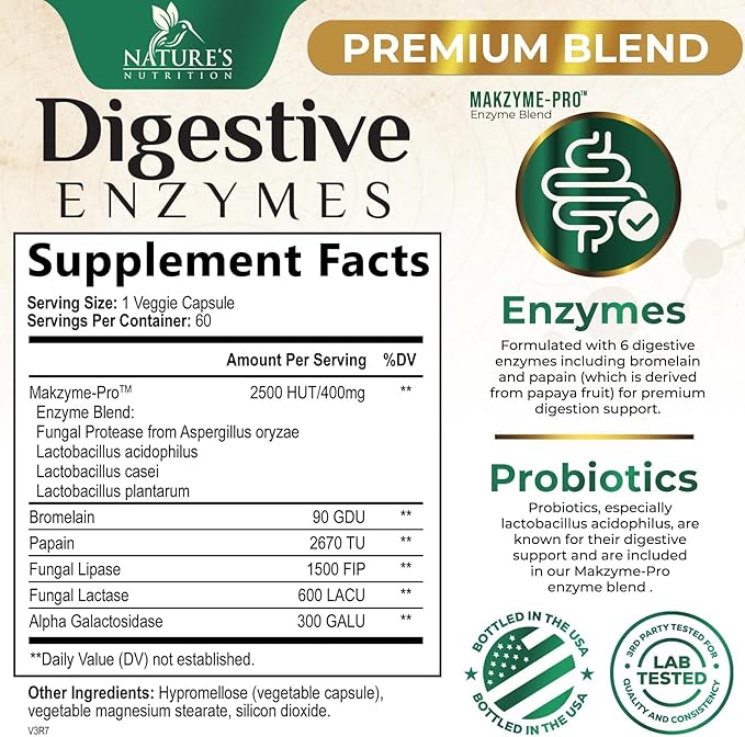 Digestive Enzymes - Super Digestive Multi Enzyme Complex for Bloating & Gut Health Support with Bromelain, Papain, Probiotics & Prebiotics - Digestion Health Support for Women & Men - 60 Capsules