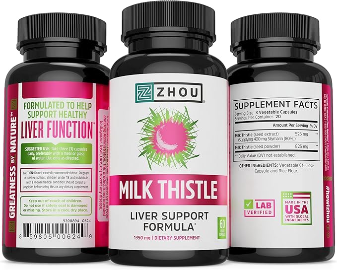 Zhou Milk Thistle - Liver Health Supplement, Silymarin Milk Thistle Extract & Powder for Men & Women, Herbal Cleanse Support, Metabolic Health - 60 Vegetarian Capsules