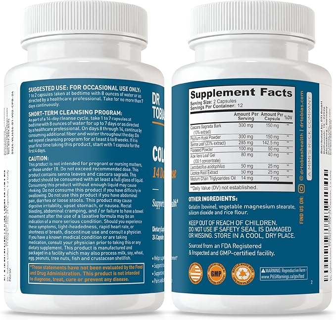 Dr. Tobias Colon Cleanse - Constipation Relief & Gut Health Support for Women & Men | 14 Day Colon Cleanser for a Gentle Colon Detox & Gut Flush 24 Capsules (1–2 Daily)