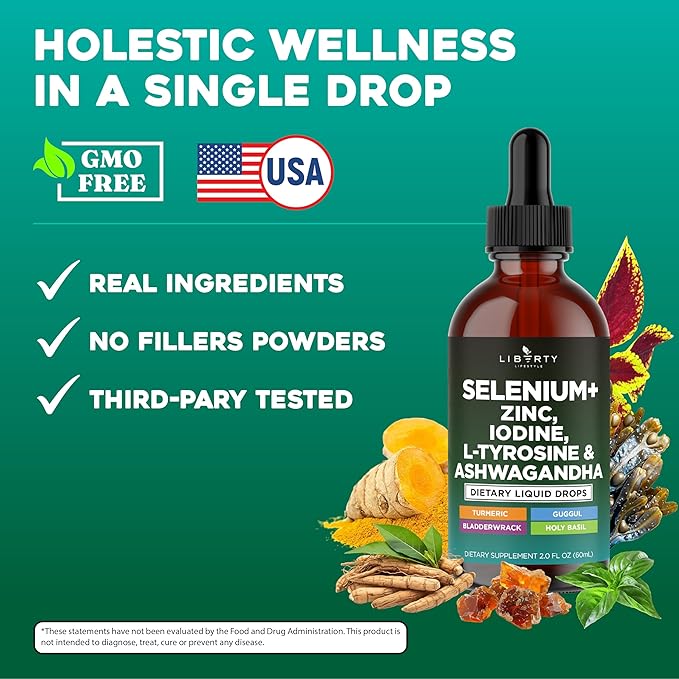 Thyroid Support Drops - Selenium, Zinc, Iodine, L Tyrosine, Ashwagandha, Turmeric, Schisandra Guggul, Cayenne, Basil - Liquid Supplement Folate Copper Alcohol -Free, Vegan, Non-GMO – 2 oz