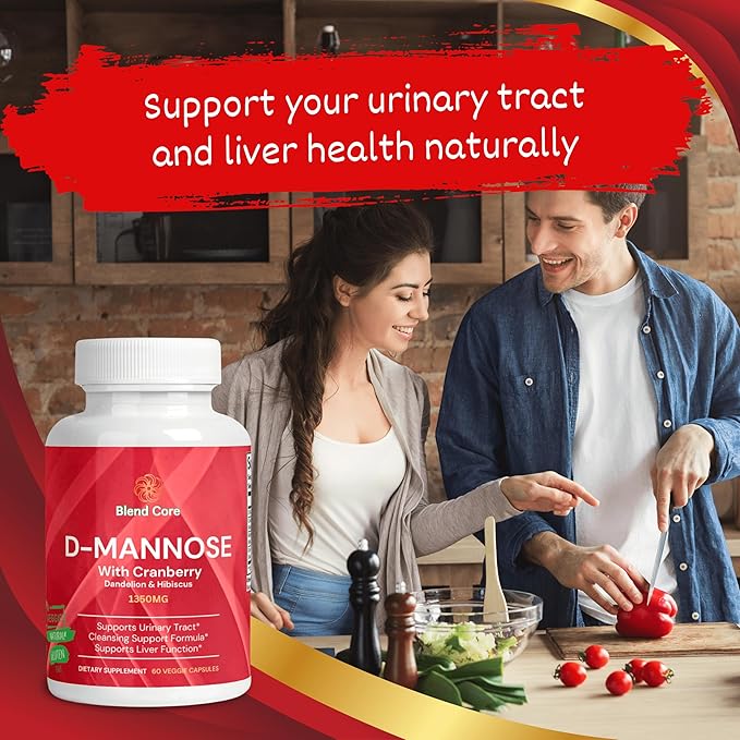 D-Mannose with Cranberry, Dandelion & Hibiscus – 1350mg – Urinary Tract & Liver Support – 60 Veggie Capsules