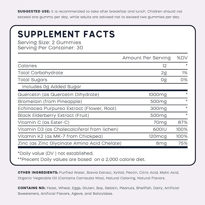 (3 Pack) Quercetin Gummies with Bromelain Zinc Elderberry Vitamin C D3 K2, Quercetin 1000mg Supplement with Bromelain 500mg for Cardiovascular, Immune System & Allergy, Vegan Gummy for Adult & Kid
